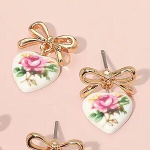 Floral Heart Earrings with Gold Bow